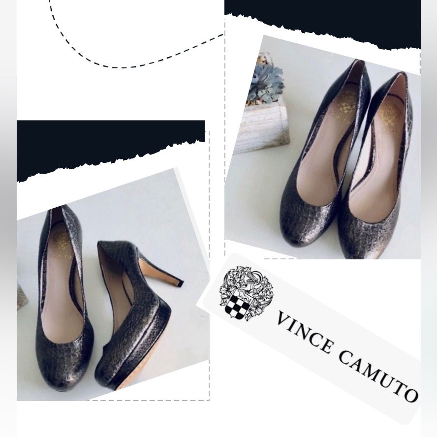Vince Camuto "Zella" Brown Bronze Metallic Snake Print Suede Sole Heel